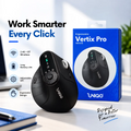 A black ergonomic wireless mouse shown beside its blue retail box on a light desk surface, with promotional text reading 'Work Smarter Every Click' and feature icons for 2.4G + BT Wireless, long battery life, adjustable DPI, and ergonomic design.