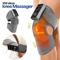 Wireless knee massager with digital display on a person's knee, showing thermal effect.