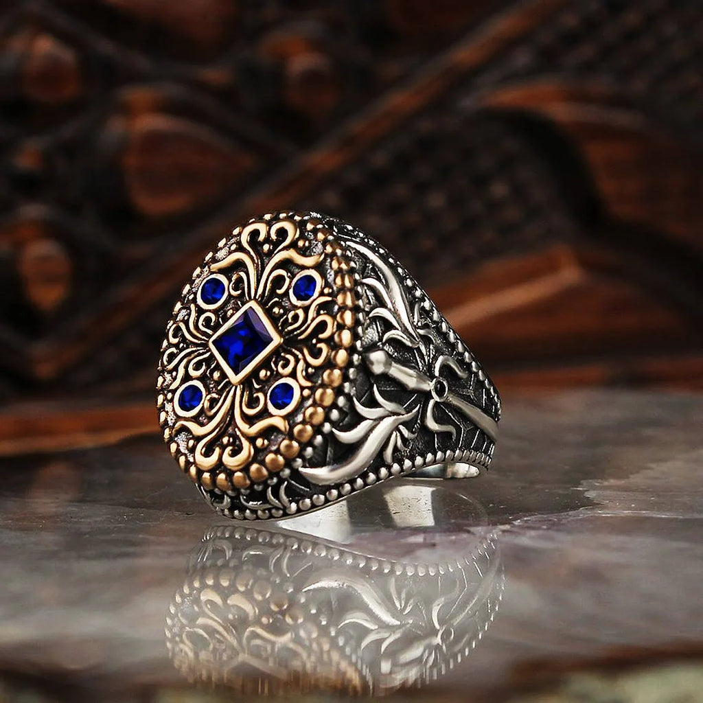 Double Color Gemstone Carved Retro For Men Ring