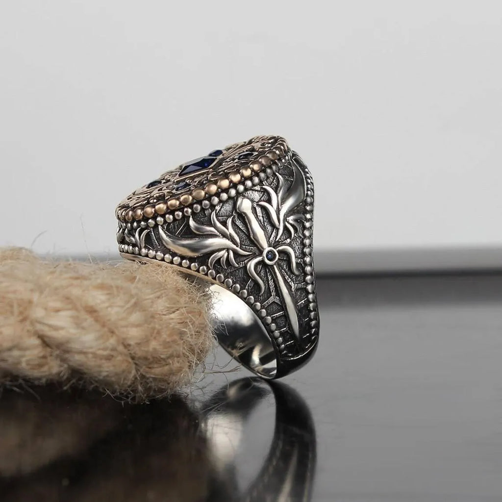 Double Color Gemstone Carved Retro For Men Ring