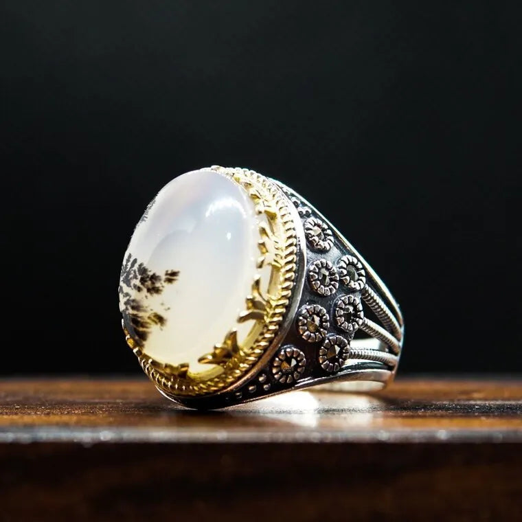 925 Sterling Silver Oval Agate Stone Castle Ring