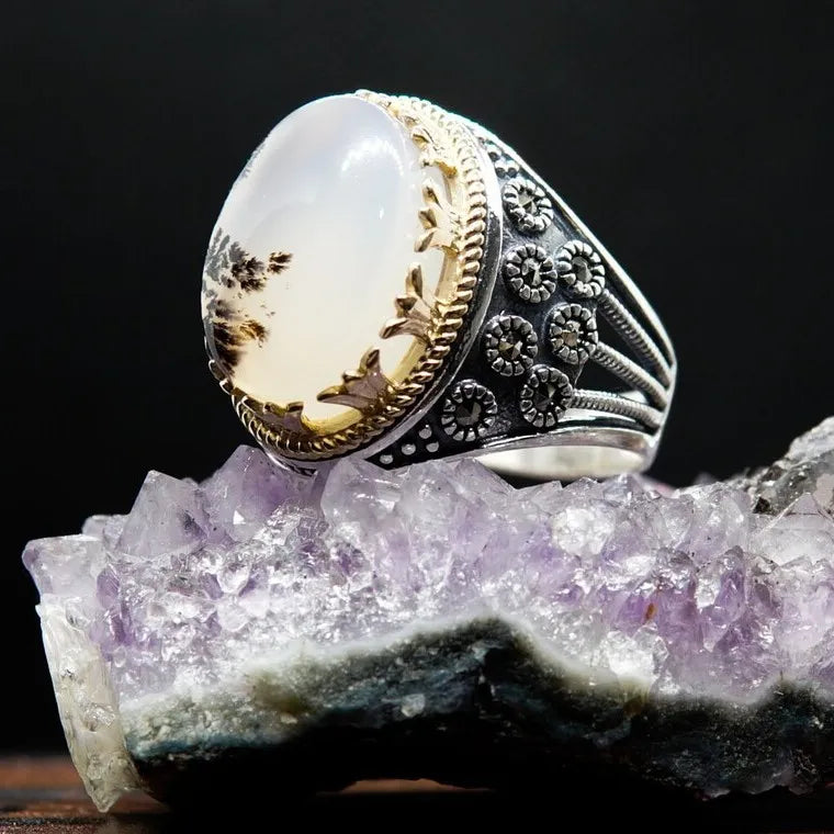 925 Sterling Silver Oval Agate Stone Castle Ring