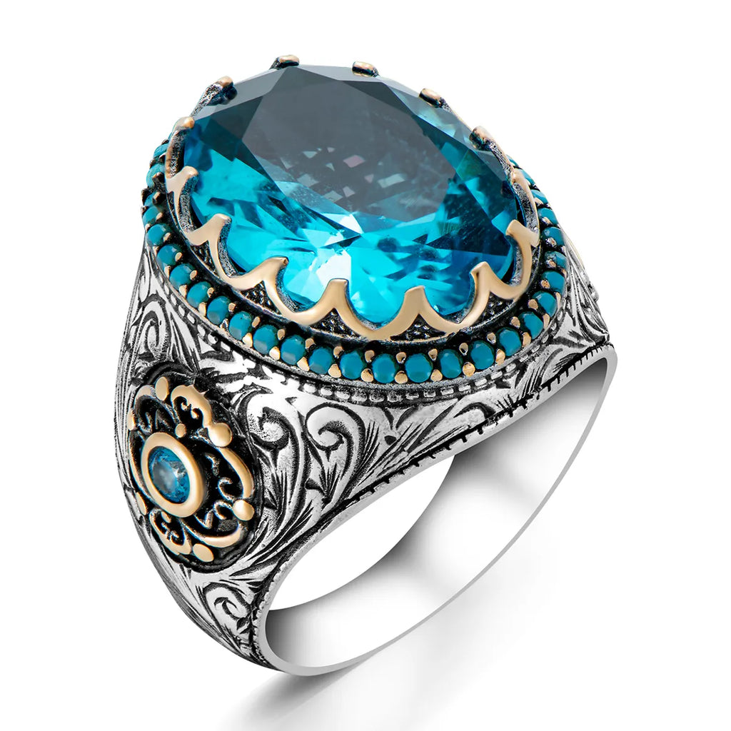 Zircon Aquamarine Stone Men's Ring