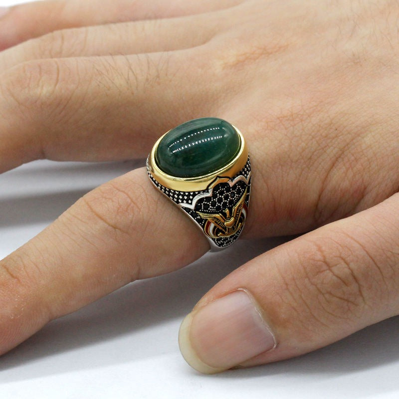 Green Natural Agate Stone 925 Sterling Silver Ring