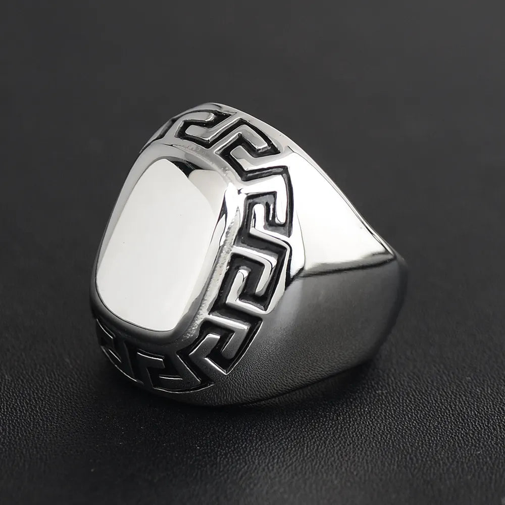 Glossy Great Wall Pattern Geometric Rings for Mens