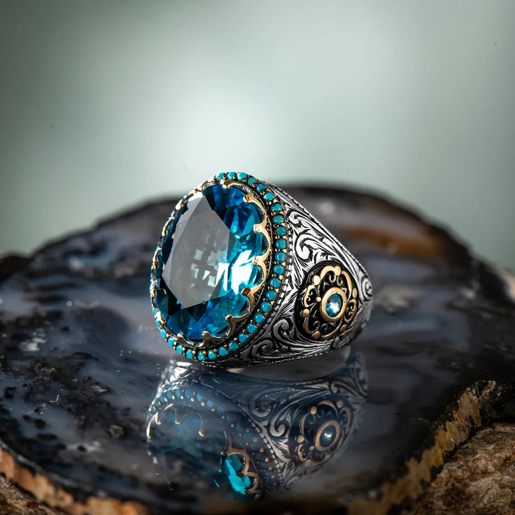 Zircon Aquamarine Stone Men's Ring