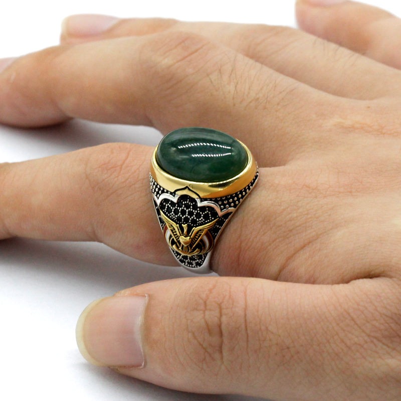 Green Natural Agate Stone 925 Sterling Silver Ring