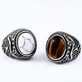Gemstone Stone Tiger Eye Engrave Stainless Steel Silver Ring