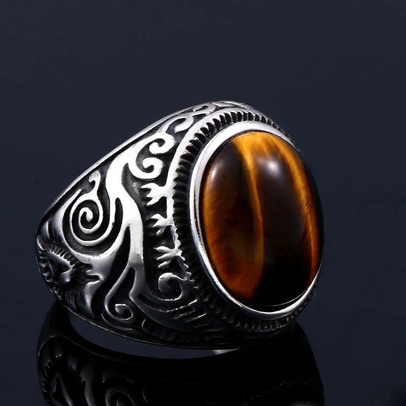 Gemstone Stone Tiger Eye Engrave Stainless Steel Silver Ring