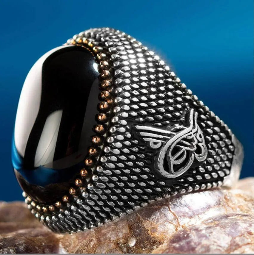 Black Stone Turkish Ottoman Tughra Ring