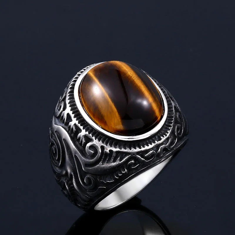 Gemstone Stone Tiger Eye Engrave Stainless Steel Silver Ring